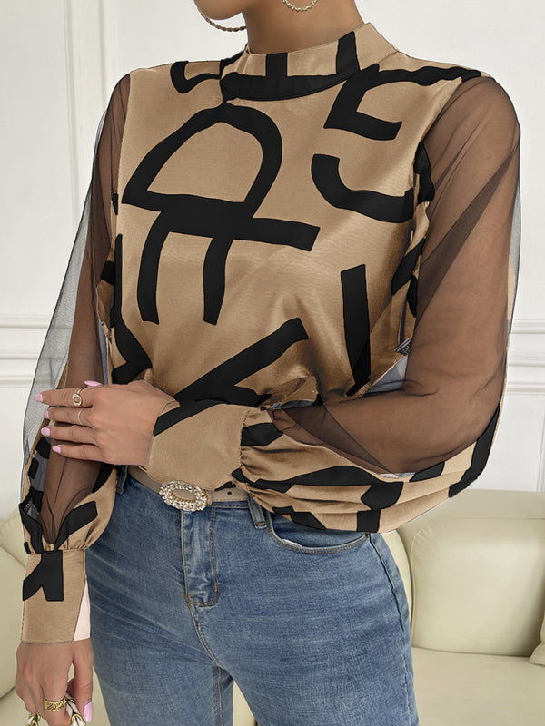 Amarissa Women's Geometric Print Stitching Mesh Round Neck Long-Sleeved Top