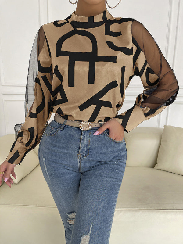 Amarissa Women's Geometric Print Stitching Mesh Round Neck Long-Sleeved Top