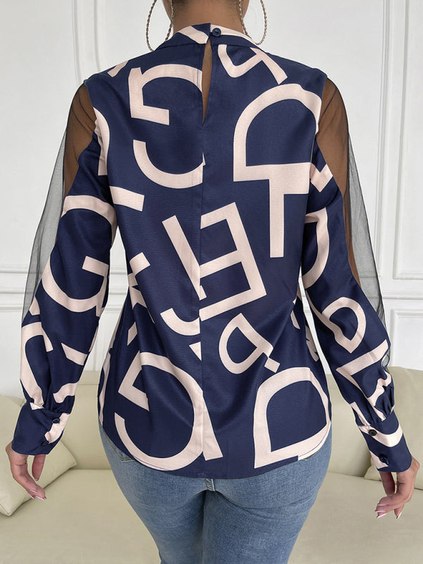 Amarissa Women's Geometric Print Stitching Mesh Round Neck Long-Sleeved Top