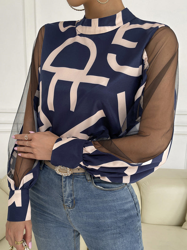 Amarissa Women's Geometric Print Stitching Mesh Round Neck Long-Sleeved Top