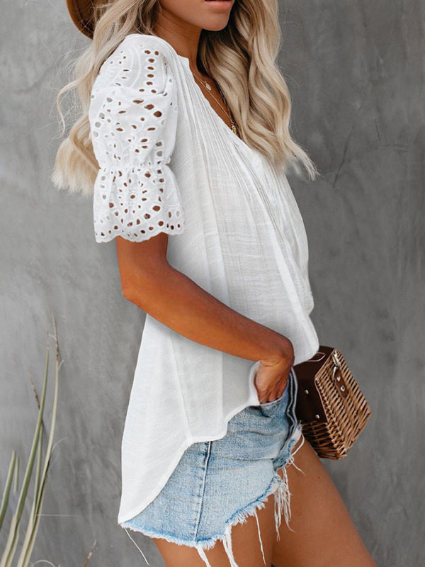 Averie Solid Color V-Neck Front Pleats Lace Puff Sleeves Splicing Single-Breasted Multi-Button Shirt