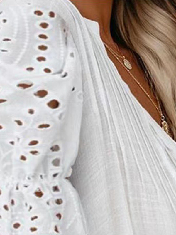 Averie Solid Color V-Neck Front Pleats Lace Puff Sleeves Splicing Single-Breasted Multi-Button Shirt