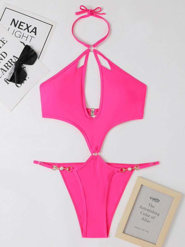 Luisa New One-Piece Multicolor Hollow Sexy Pearl Chain Halter Neck Swimsuit