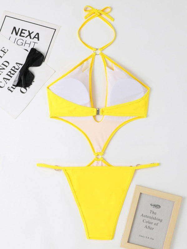 Luisa New One-Piece Multicolor Hollow Sexy Pearl Chain Halter Neck Swimsuit