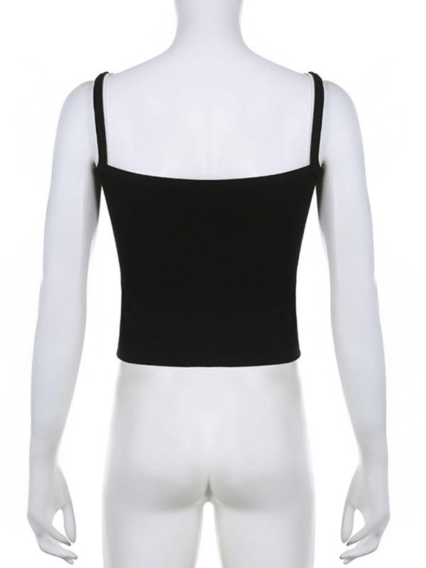 Elva Women's Black And White Contrasting Color False Two-Piece Stitching Slim Camisole Top