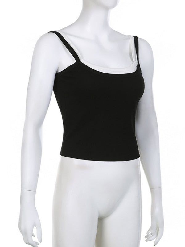 Elva Women's Black And White Contrasting Color False Two-Piece Stitching Slim Camisole Top