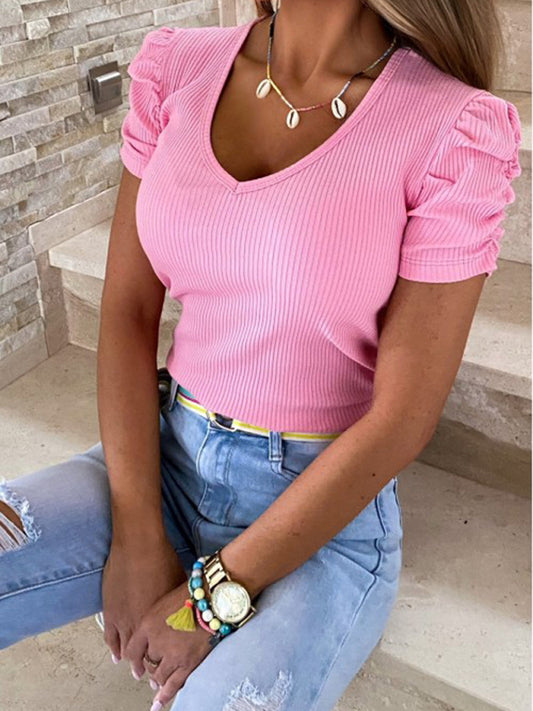 Kaitlin Elastic Pit Strip Thread Pullover Puff Sleeve V-Neck Short-Sleeved T-Shirt For Women
