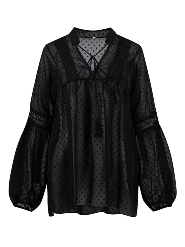 Audrina Women's Chiffon Stitching Lace Loose Balloon Sleeve Top Shirt
