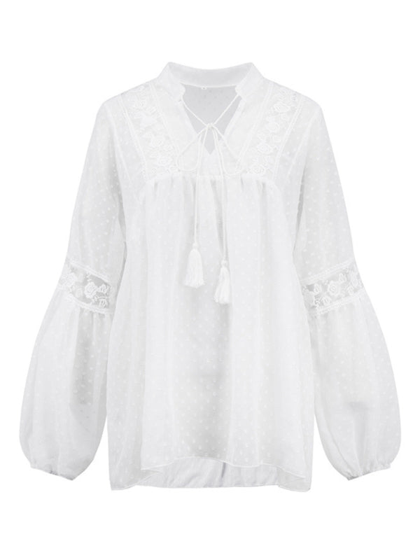 Audrina Women's Chiffon Stitching Lace Loose Balloon Sleeve Top Shirt