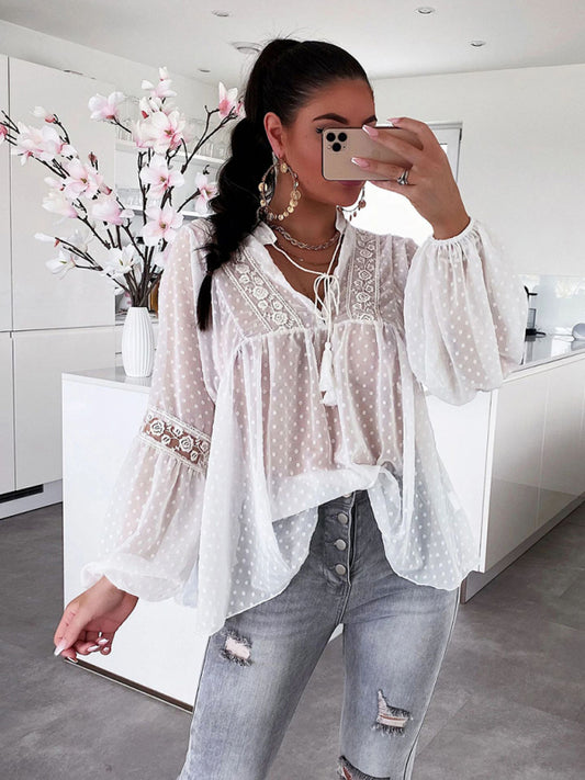 Audrina Women's Chiffon Stitching Lace Loose Balloon Sleeve Top Shirt