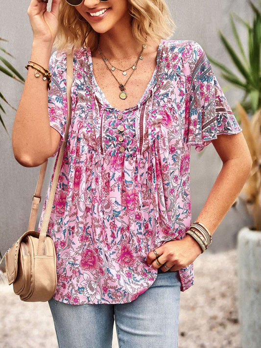 Astrid Women's V Neck Short Sleeve Printed Shirt