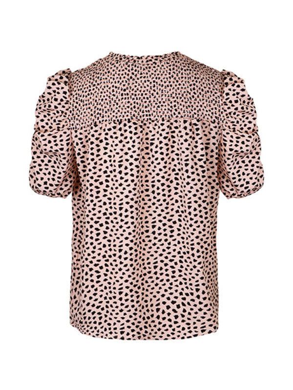 Bijou Women's Woven Casual Fashion Leopard Print Round Neck Short Sleeve Shirt
