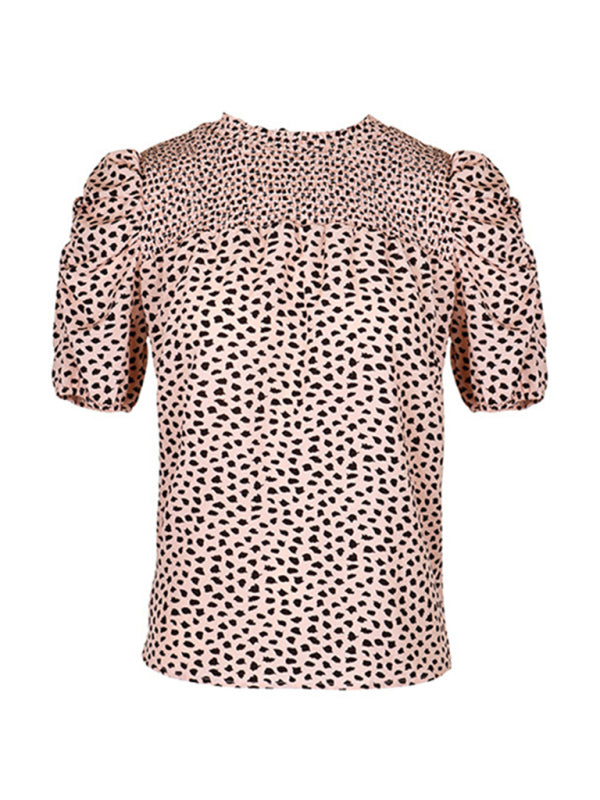 Bijou Women's Woven Casual Fashion Leopard Print Round Neck Short Sleeve Shirt