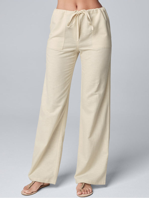 Eleanor Women's Solid Color Loose Lace Cotton Linen Straight Casual Trousers