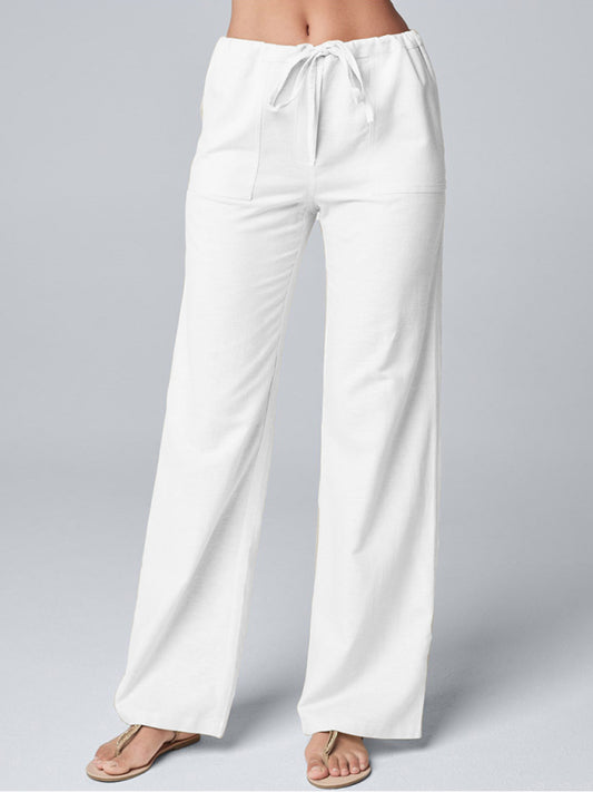 Eleanor Women's Solid Color Loose Lace Cotton Linen Straight Casual Trousers