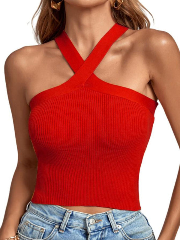 Katia New Style Cross Hanging Neck Strap Small Vest Knitted Backless Bandage Tube Top Sweater
