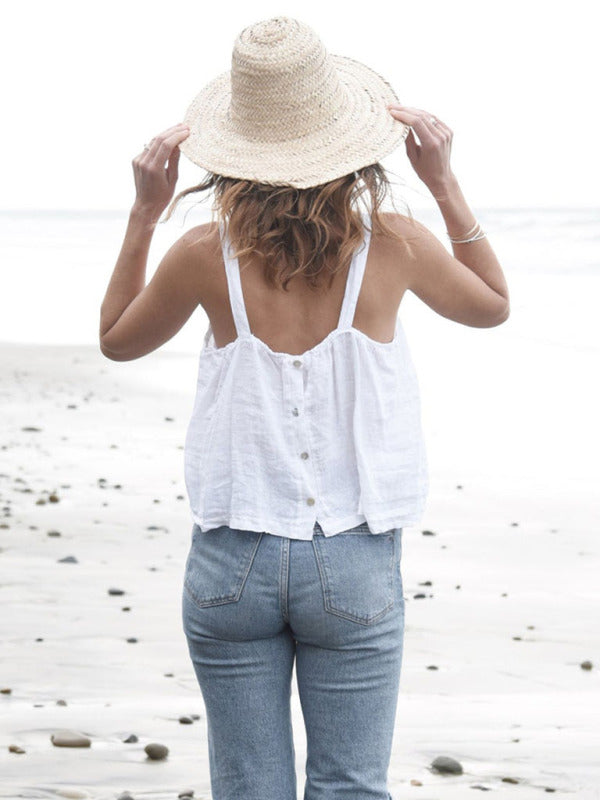Lumina New French Niche Design Retro Vacation Casual Linen Backless Cropped Top