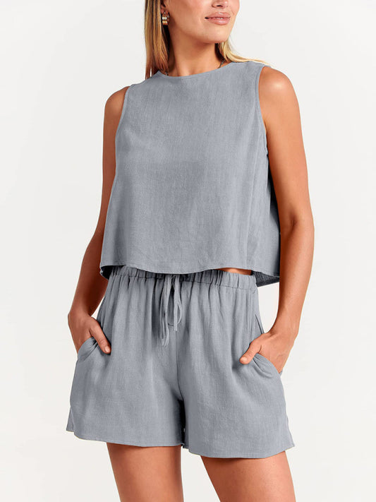 Kamryn Women's Woven Solid Color Sleeveless Loose Cotton Linen Top Shorts Two-piece Set
