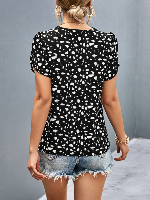 Cyrene Women's Leopard Print V-Neck Lace Short Sleeve Top