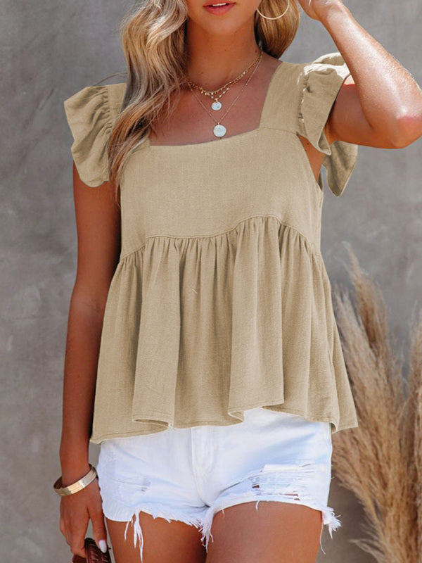 Chesleigh Women's Solid Color Casual Square Neck Fly Fly Sleeve Top