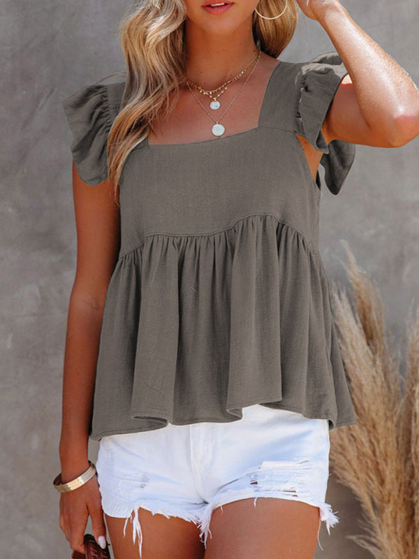 Chesleigh Women's Solid Color Casual Square Neck Fly Fly Sleeve Top