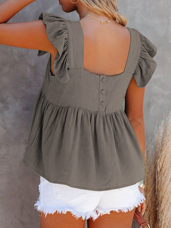 Chesleigh Women's Solid Color Casual Square Neck Fly Fly Sleeve Top