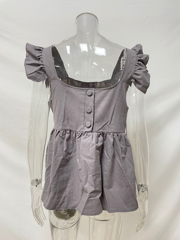 Chesleigh Women's Solid Color Casual Square Neck Fly Fly Sleeve Top