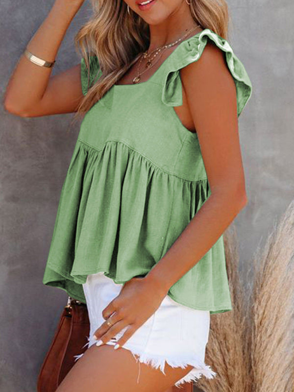 Chesleigh Women's Solid Color Casual Square Neck Fly Fly Sleeve Top