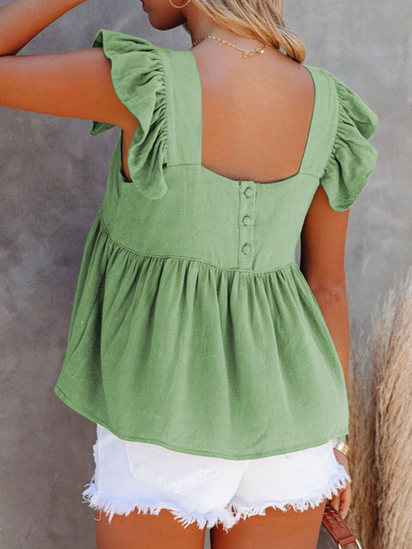 Chesleigh Women's Solid Color Casual Square Neck Fly Fly Sleeve Top