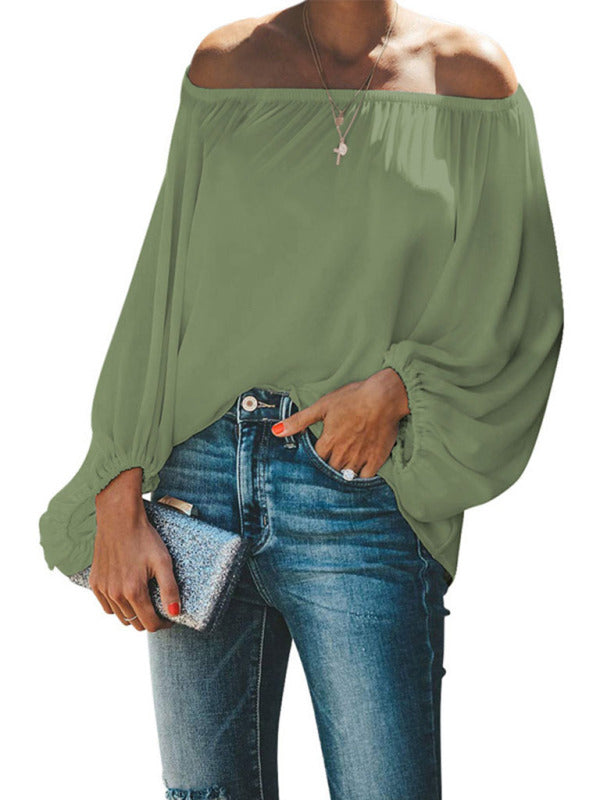 Bellamy Women's Off-Shoulder Solid Color Simple Lantern Sleeve Loose Long-Sleeved Top