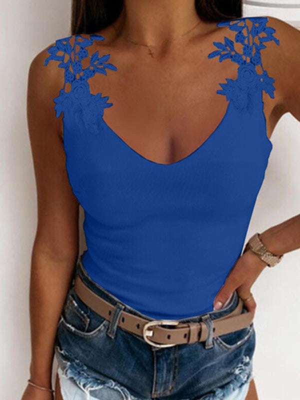 Raffaella Summer U-Neck Solid Color Lace T-Shirt Top Vest