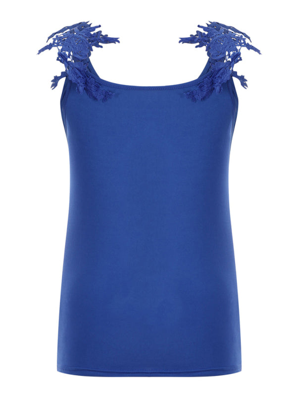 Raffaella Summer U-Neck Solid Color Lace T-Shirt Top Vest