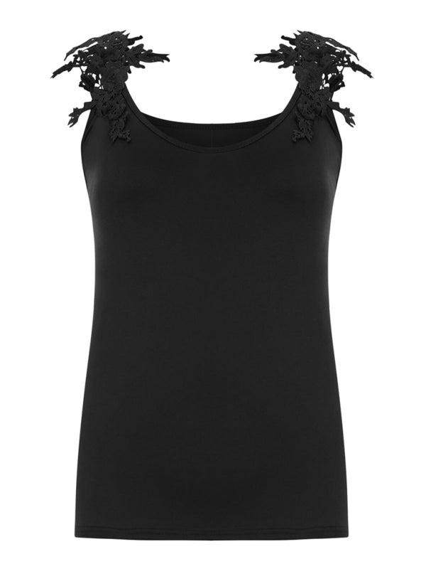 Raffaella Summer U-Neck Solid Color Lace T-Shirt Top Vest