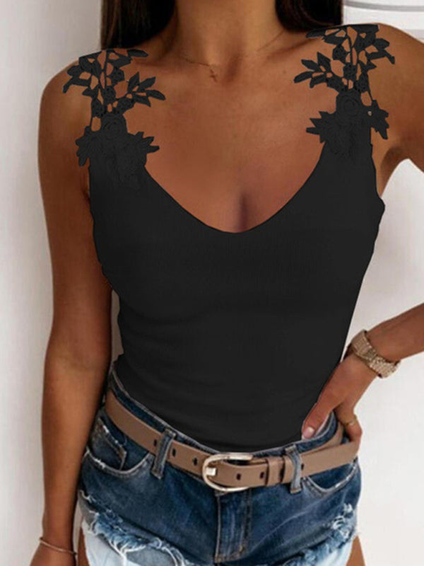 Raffaella Summer U-Neck Solid Color Lace T-Shirt Top Vest
