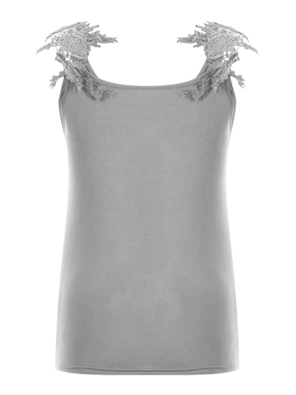 Raffaella Summer U-Neck Solid Color Lace T-Shirt Top Vest