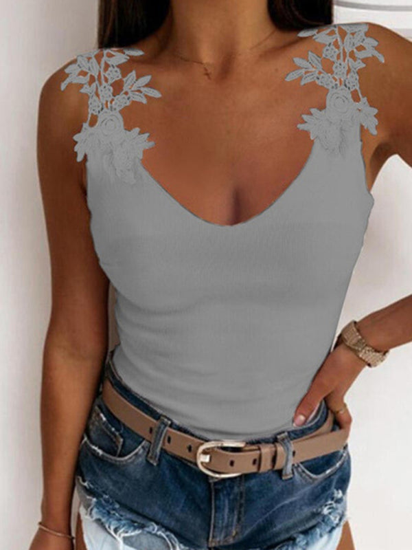 Raffaella Summer U-Neck Solid Color Lace T-Shirt Top Vest