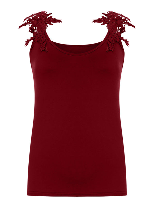 Raffaella Summer U-Neck Solid Color Lace T-Shirt Top Vest