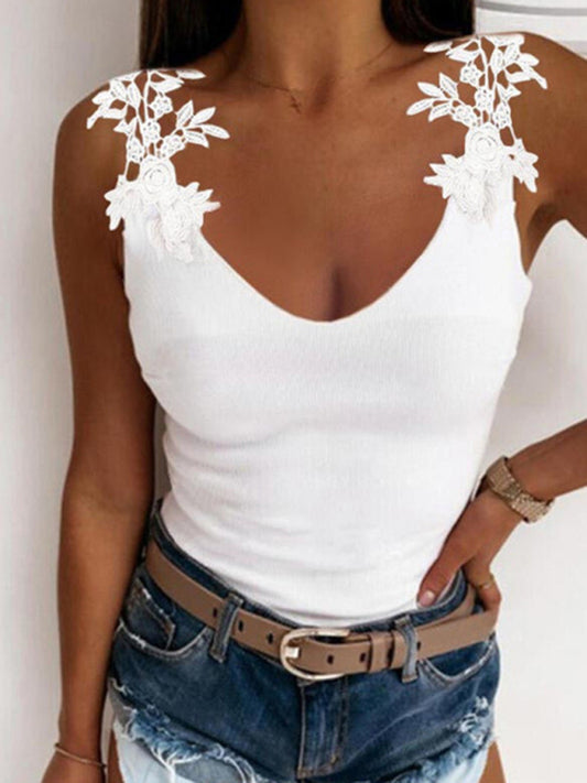 Raffaella Summer U-Neck Solid Color Lace T-Shirt Top Vest