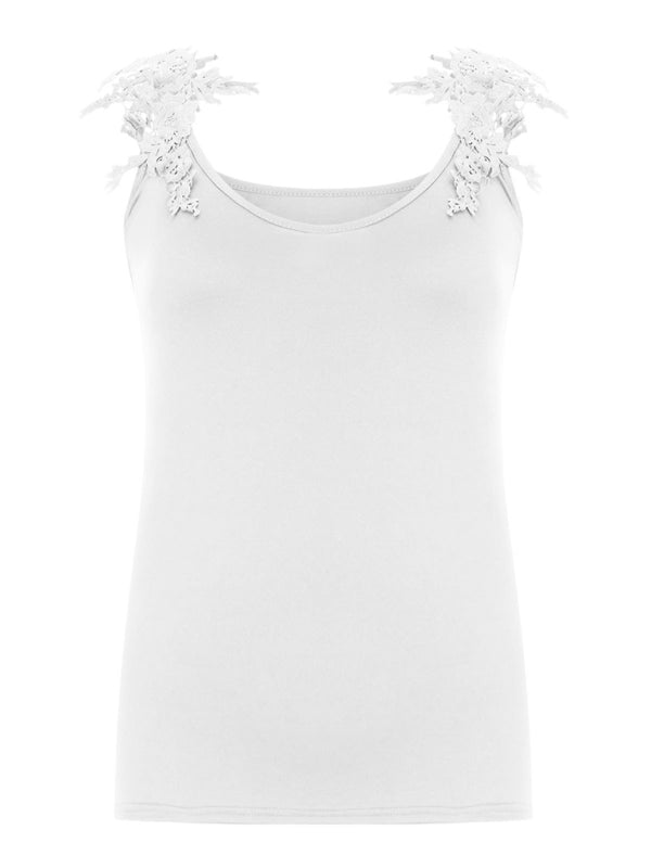 Raffaella Summer U-Neck Solid Color Lace T-Shirt Top Vest