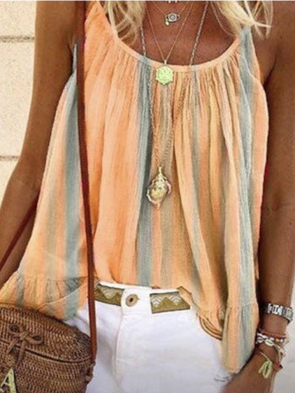 Jacinda Loose Striped Print Ruched Camisole T-Shirt Top