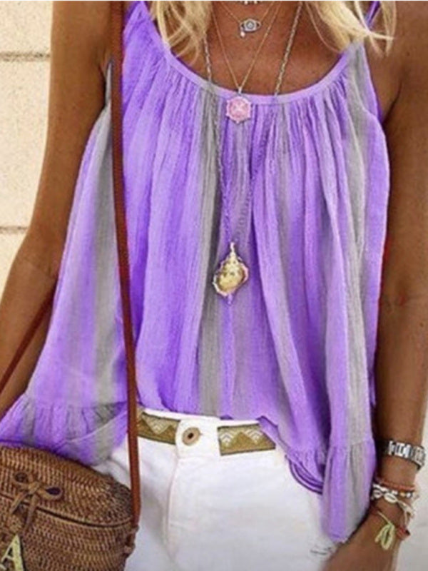 Jacinda Loose Striped Print Ruched Camisole T-Shirt Top