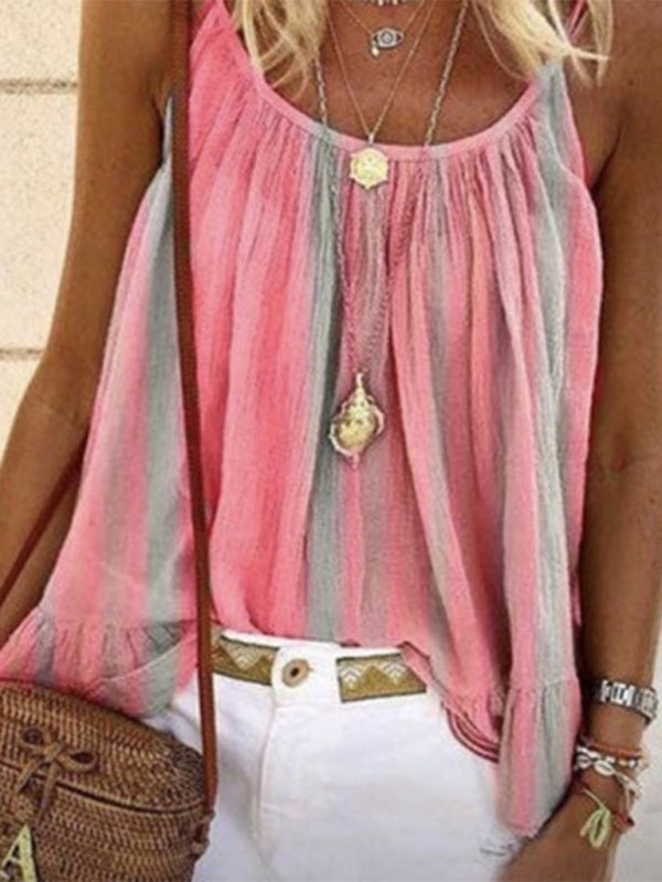 Jacinda Loose Striped Print Ruched Camisole T-Shirt Top