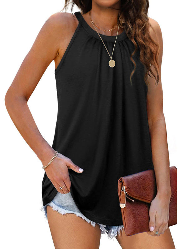 Indira Casual Solid Color Cotton Round Neck Sleeveless Loose Large Pullover T-Shirt