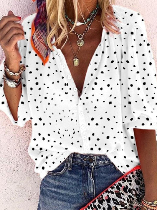 Dulcina Polka Dot Snowflake Print Long Sleeve V Neck Button Ladies Shirt