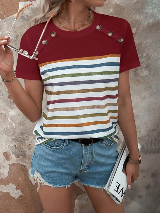 Lydia Women's Stripe Print Button Short Sleeve Casual Top