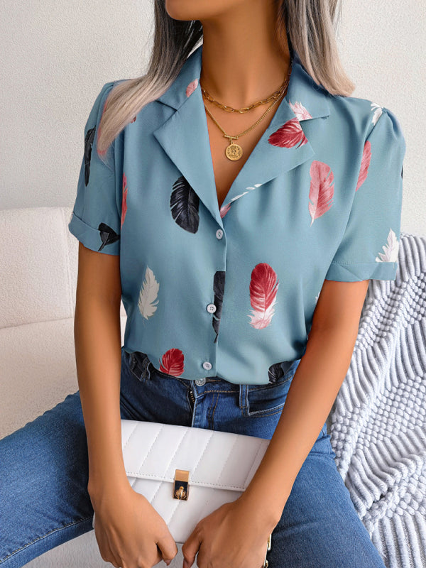 Ulyssa Women's Elegant Feather Print Loose Short Sleeve Shirt