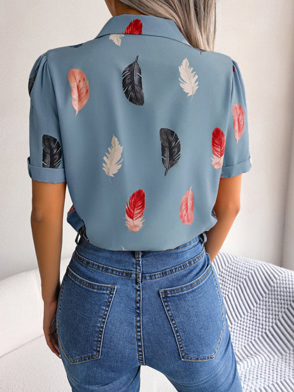 Ulyssa Women's Elegant Feather Print Loose Short Sleeve Shirt