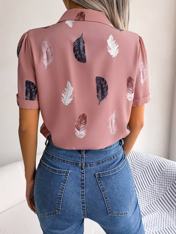 Ulyssa Women's Elegant Feather Print Loose Short Sleeve Shirt