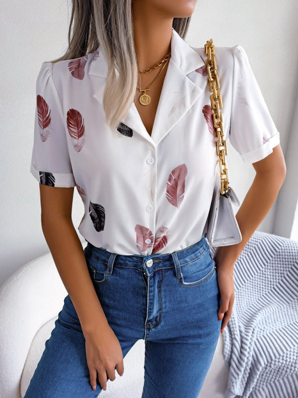 Ulyssa Women's Elegant Feather Print Loose Short Sleeve Shirt