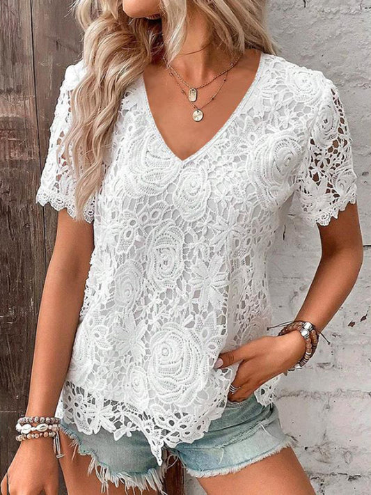 Camilia Summer New Short-Sleeved Lace V-Neck Loose Sweet Pullover T-Shirt